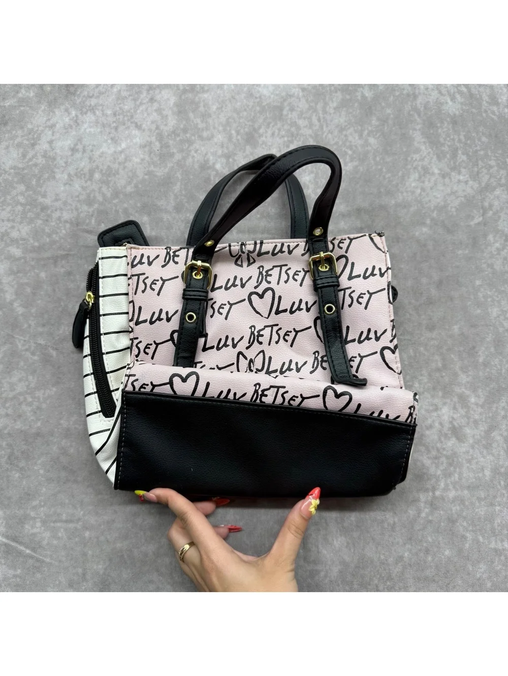 Luv Betsey Johnson Pink Black Graffiti Heart Stripe Mini Satchel Tote Bag